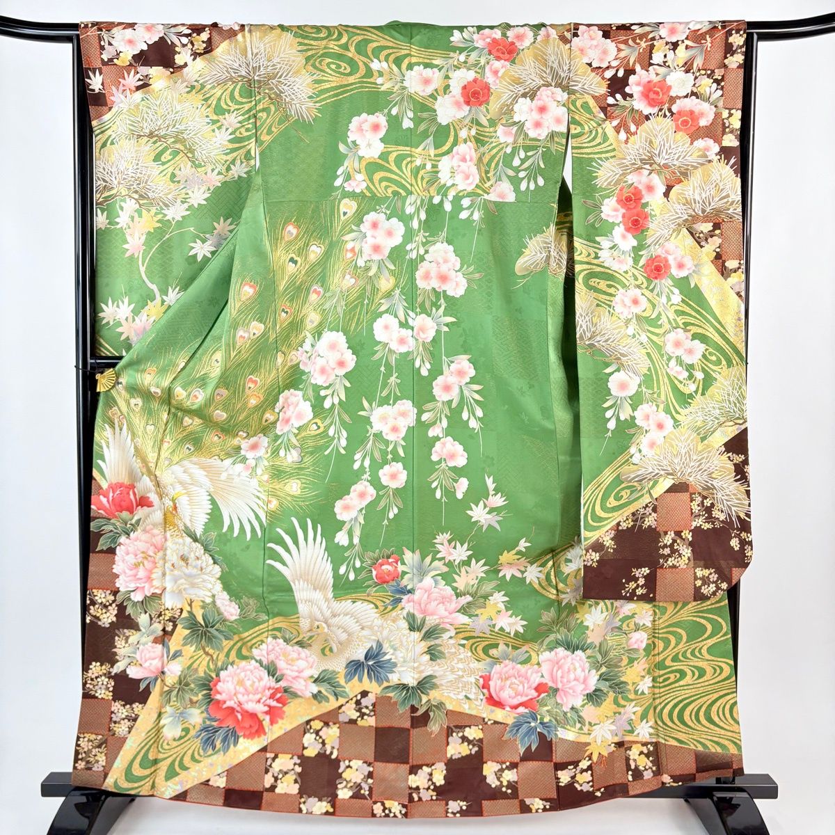 振袖 身丈162 5 cm 裄丈66 M 袷 孔雀 牡丹 金糸 金彩 よもぎ色 正絹