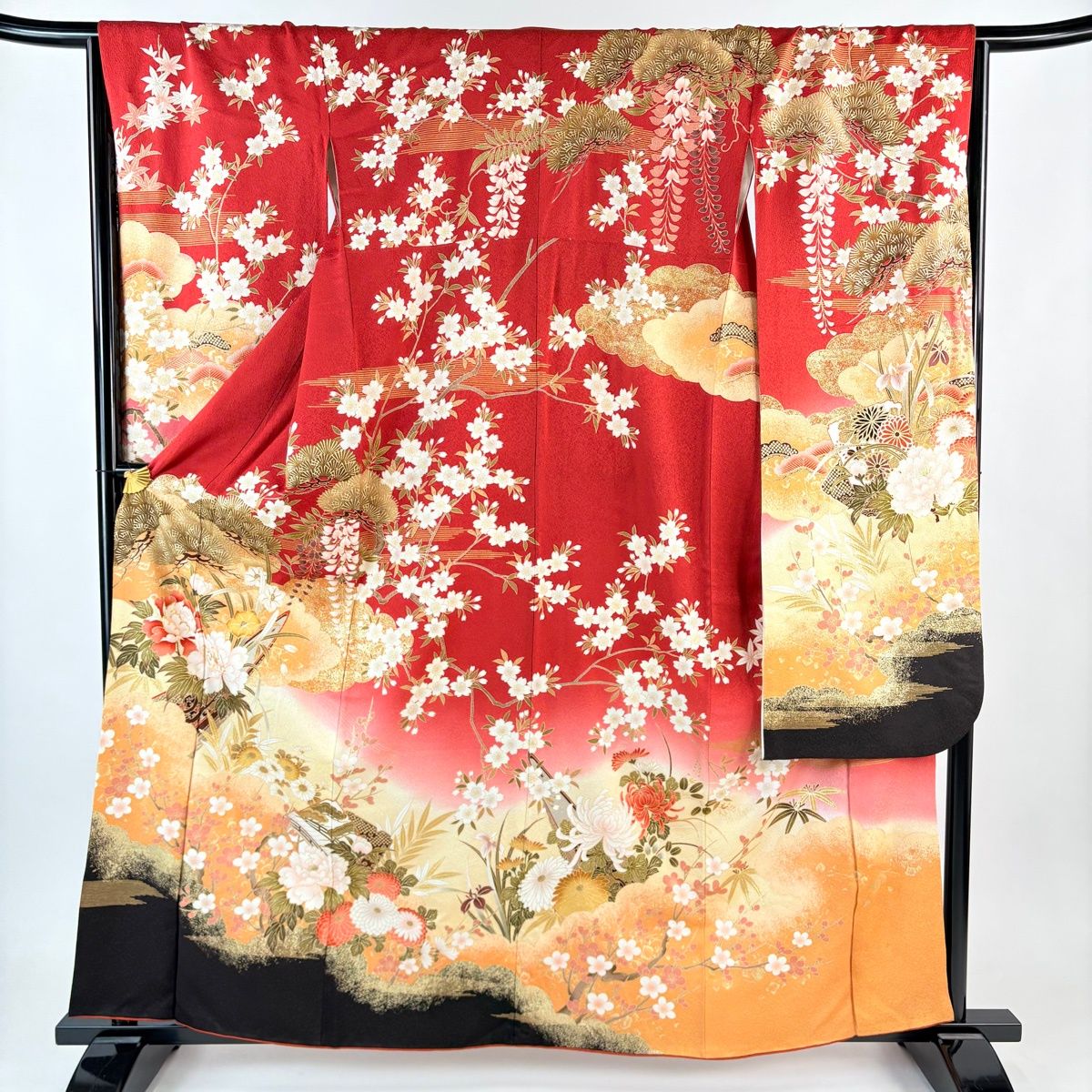 振袖 身丈159cm 裄丈66cm M 袷 鈴乃屋 牡丹 舟 金糸 金彩 赤 正絹 名品