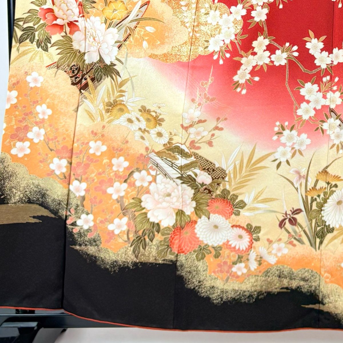 振袖 身丈159 cm 裄丈66 M 袷 鈴乃屋 牡丹 舟 金糸 金彩 赤 正絹