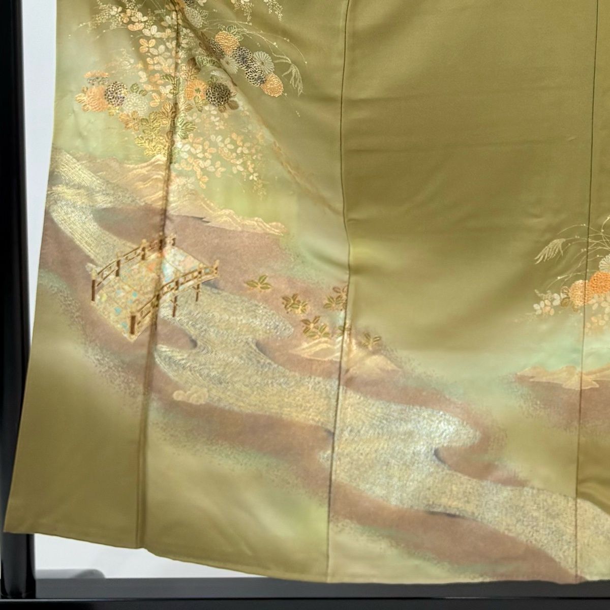 訪問着 身丈154 cm 裄丈62 S 袷 菊 橋 金銀彩 箔 薄茶色 正絹 一つ紋