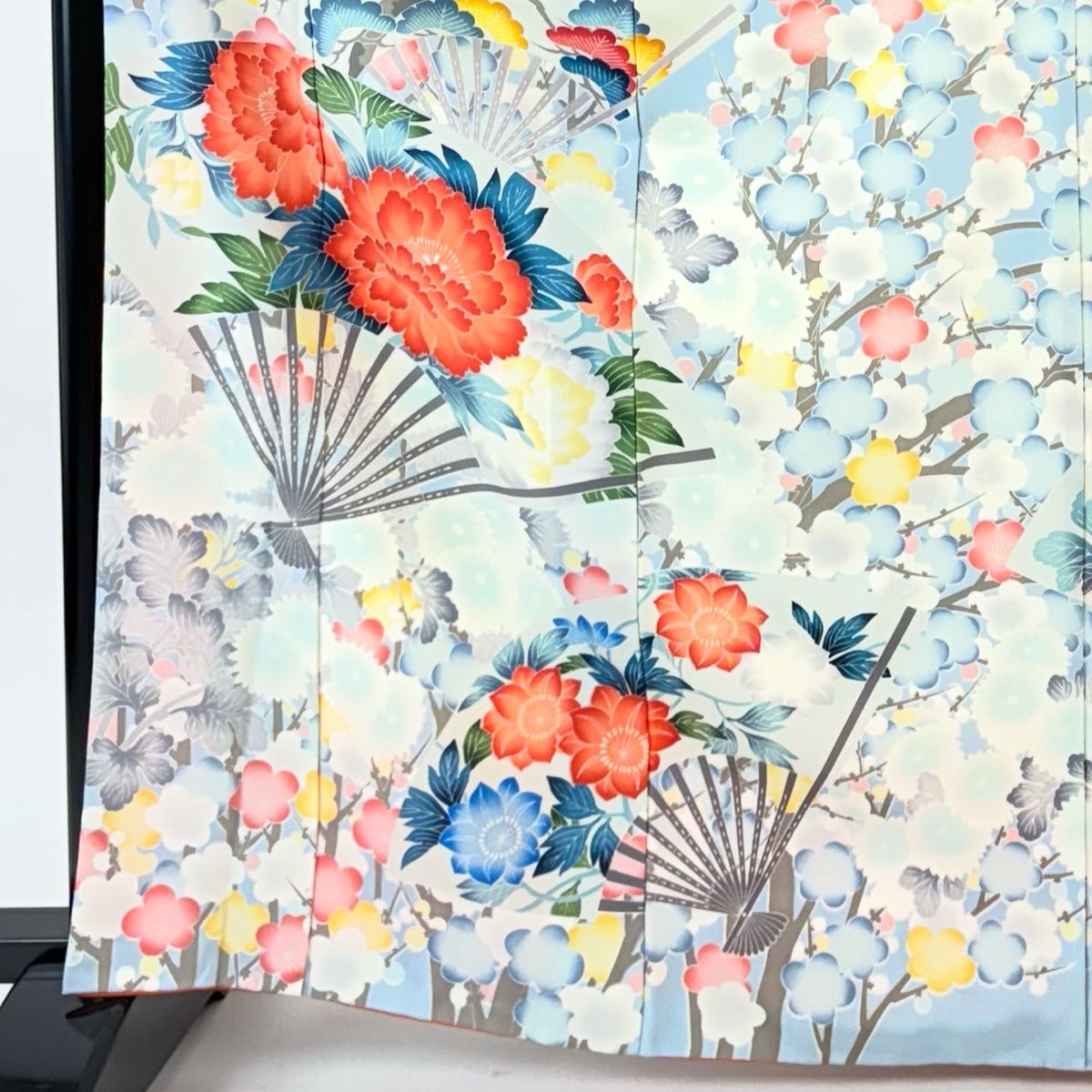 振袖 身丈165cm 裄丈64cm M 袷 扇 牡丹 水色 正絹 名品 【中古