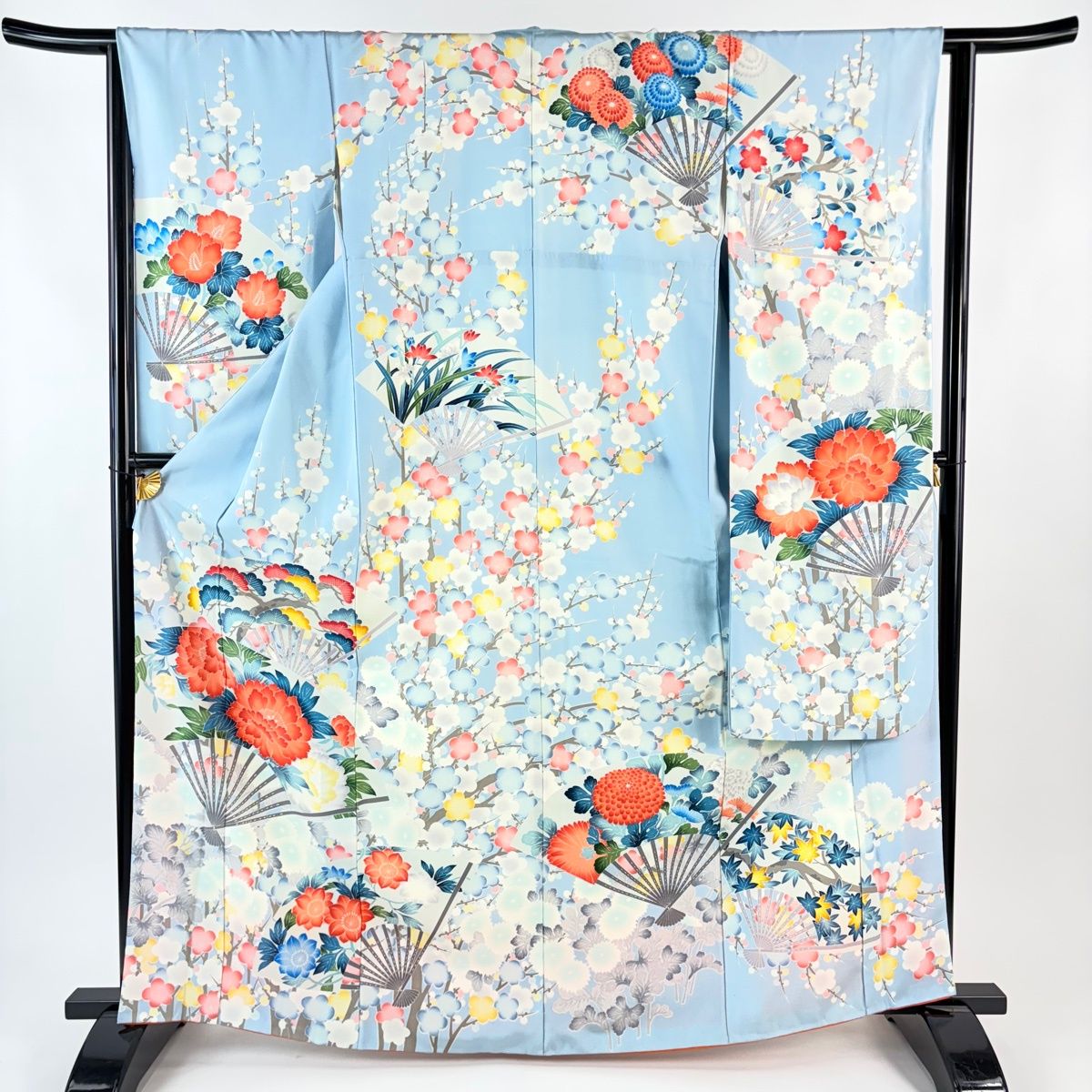 振袖 身丈165 cm 裄丈64 M 袷 扇 牡丹 水色 正絹