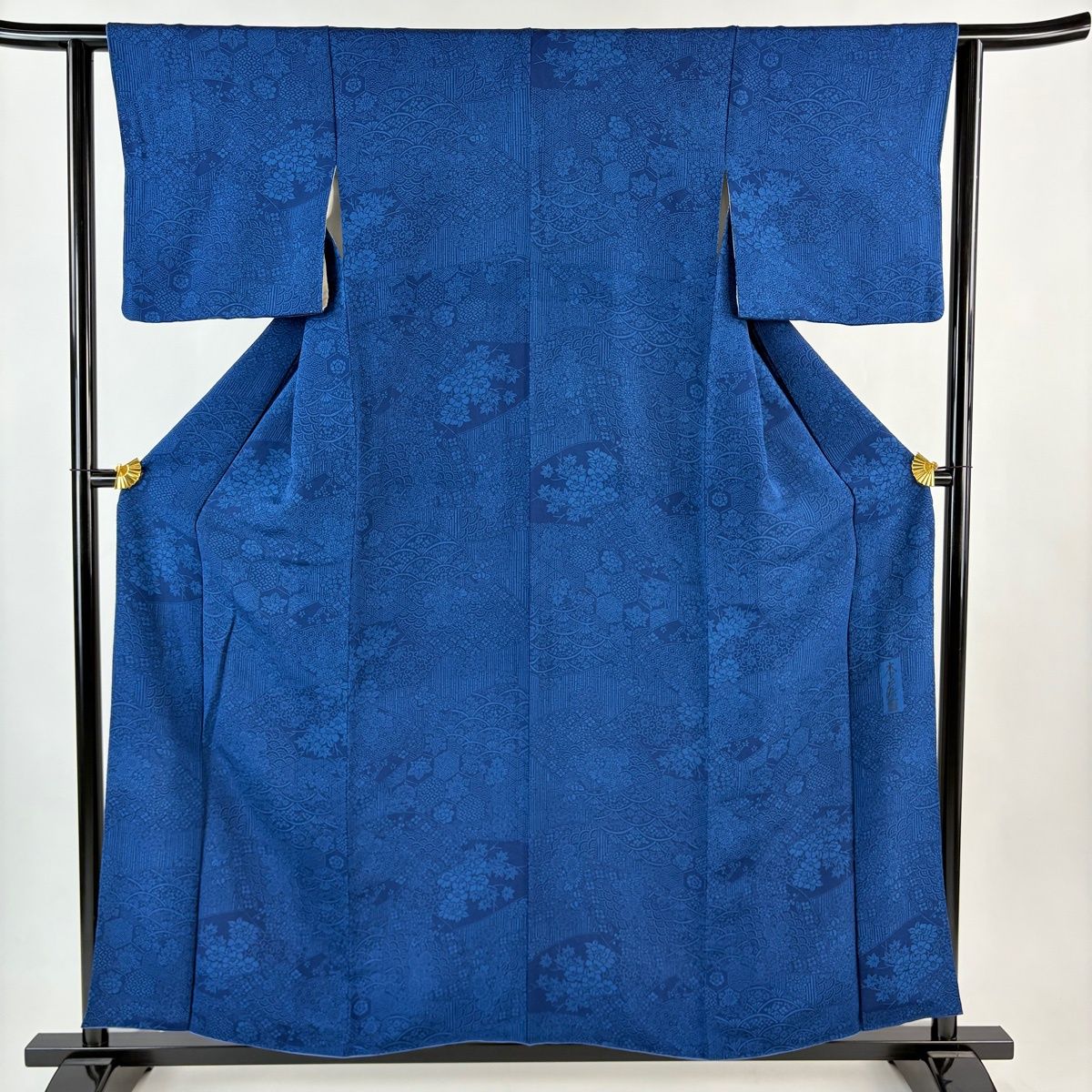 小紋 身丈154.5 cm 裄丈62 S 袷 落款 扇面 青海波 縮緬 藍色 正絹