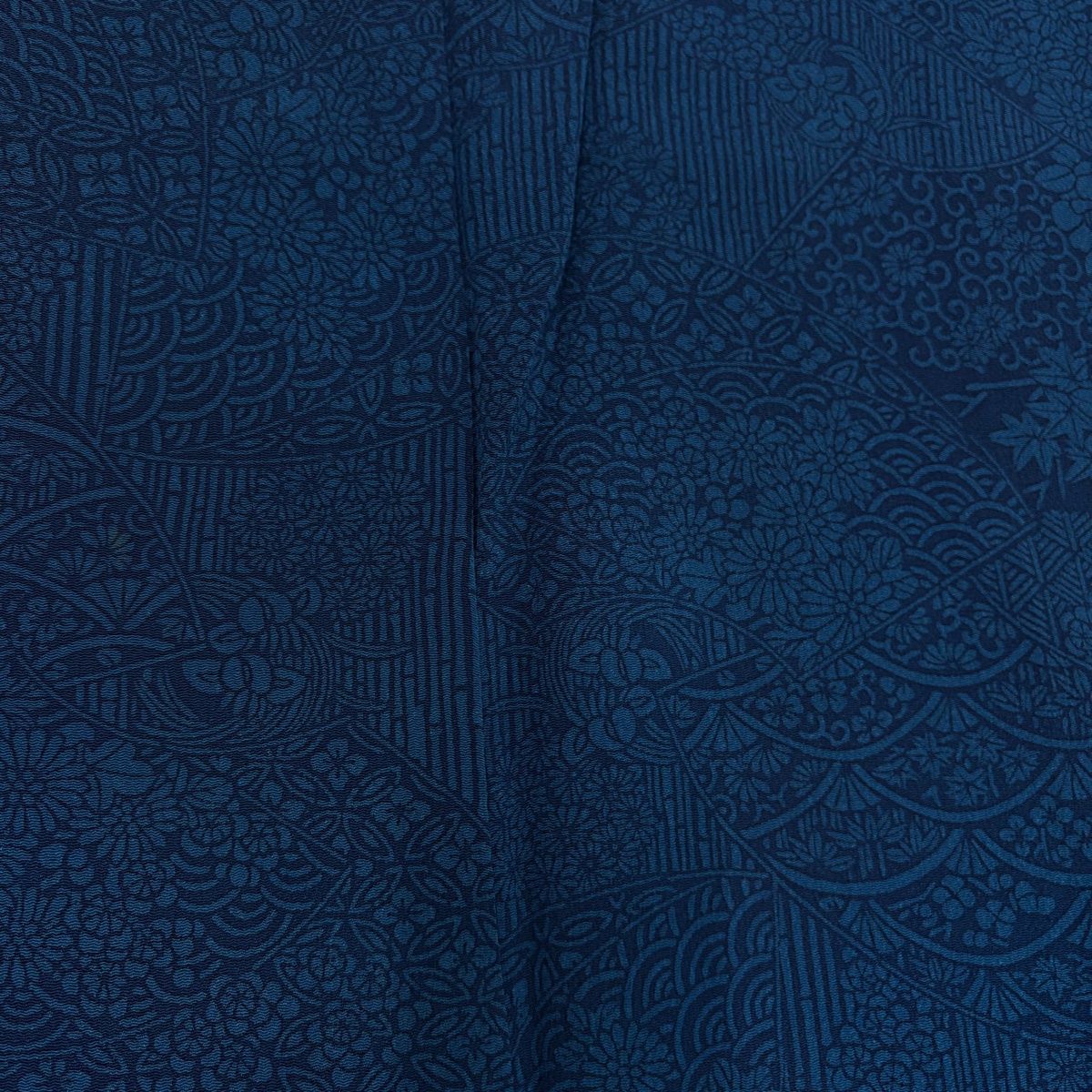  小紋 身丈154.5 cm 裄丈62 S 袷 落款 扇面 青海波 縮緬 藍色 正絹 小紋 着物