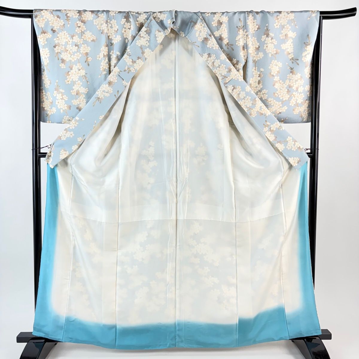  小紋 身丈163 cm 裄丈67 M 袷 桜 金彩 縮緬 水色 正絹 小紋 着物