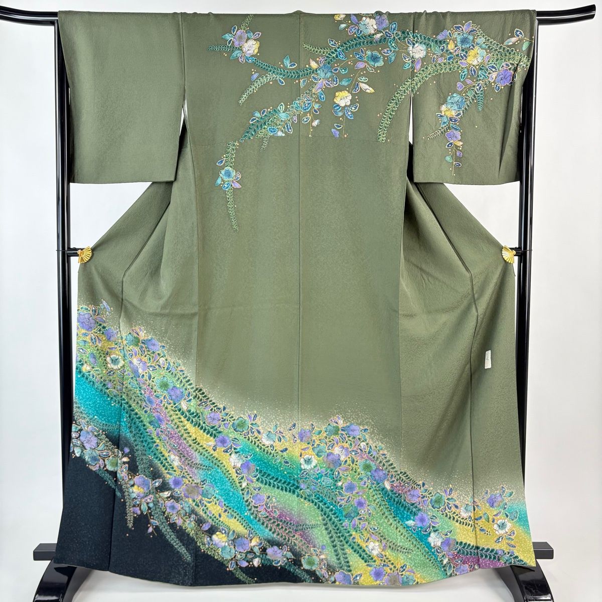 訪問着 身丈165 cm 裄丈67 M 袷 落款 辻が花柄 ぼかし 灰緑 正絹