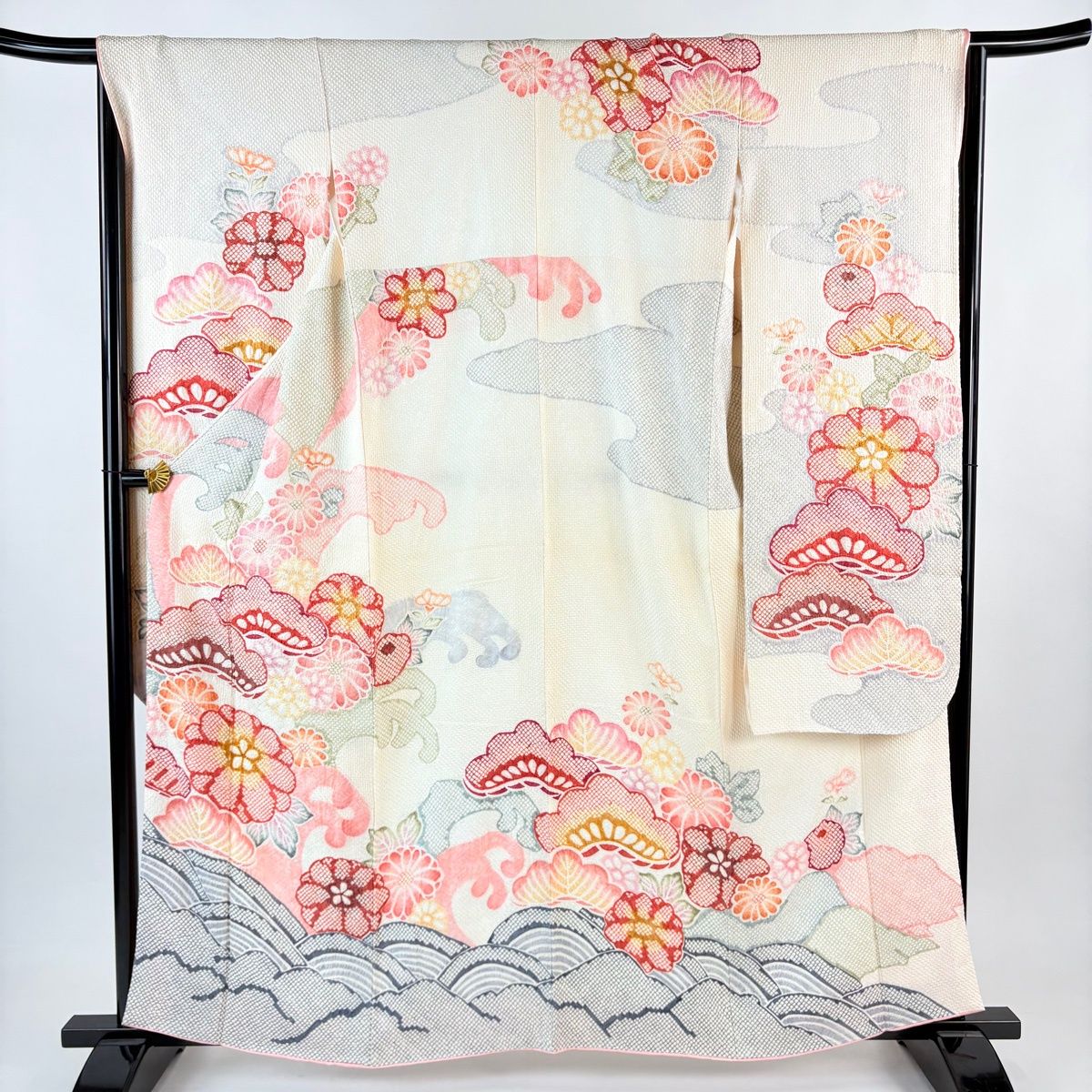 振袖 身丈160 cm 裄丈65 5 M 袷 笠松 草花 総絞り クリーム 正絹