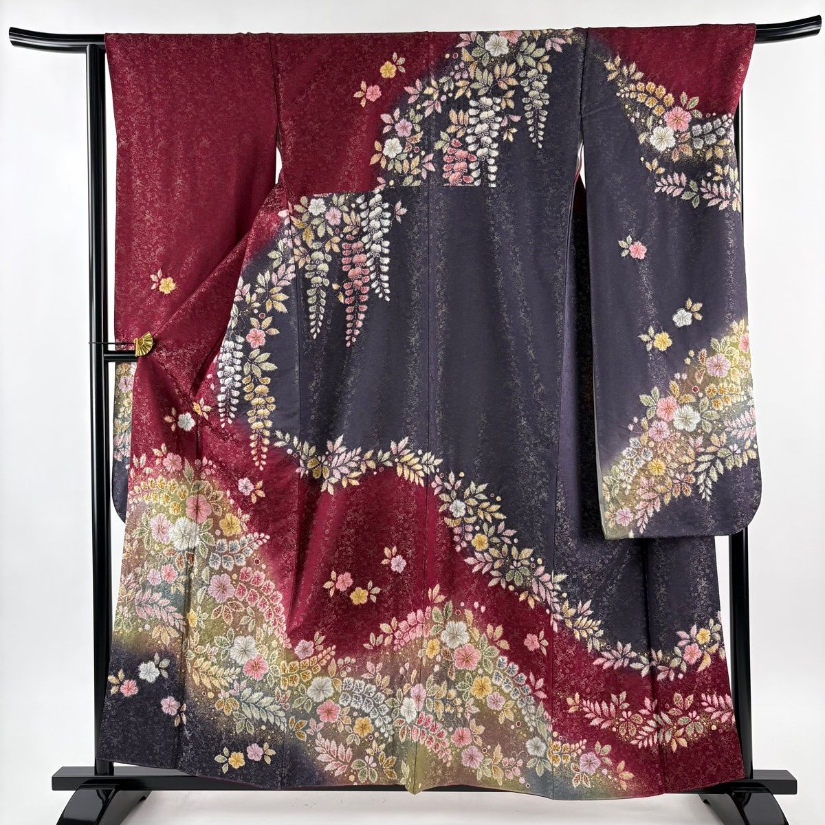 振袖 身丈159 cm 裄丈66 M 袷 徳永憲峯 落款 辻が花 金通し 金彩 えんじ色 正絹