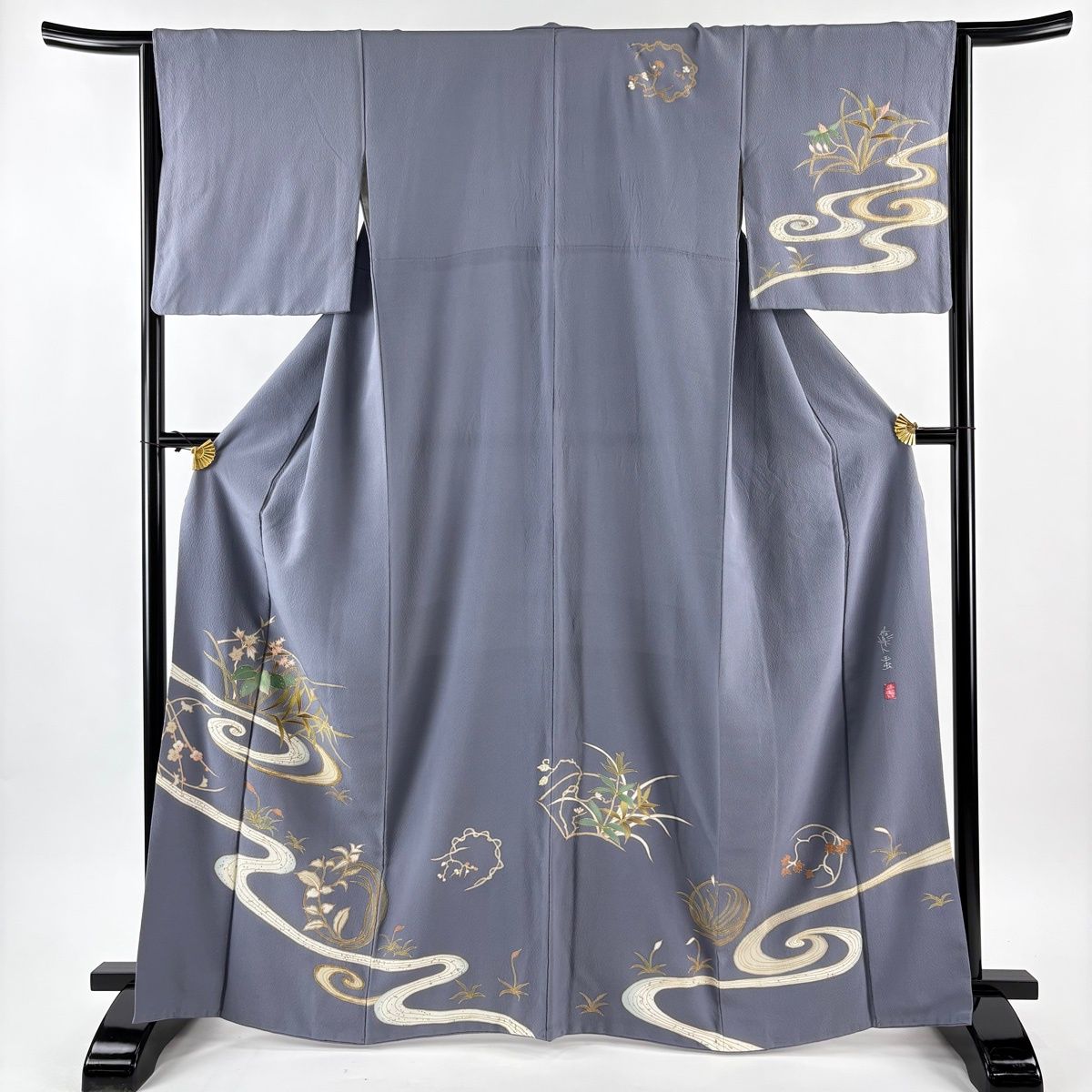 洛楽人工房 五虫技法 落款入 訪問着 正絹 X563 訪問着 身丈165cm 裄丈66cm M 袷 洛楽人 玉虫 落款 草花 流水 金銀彩