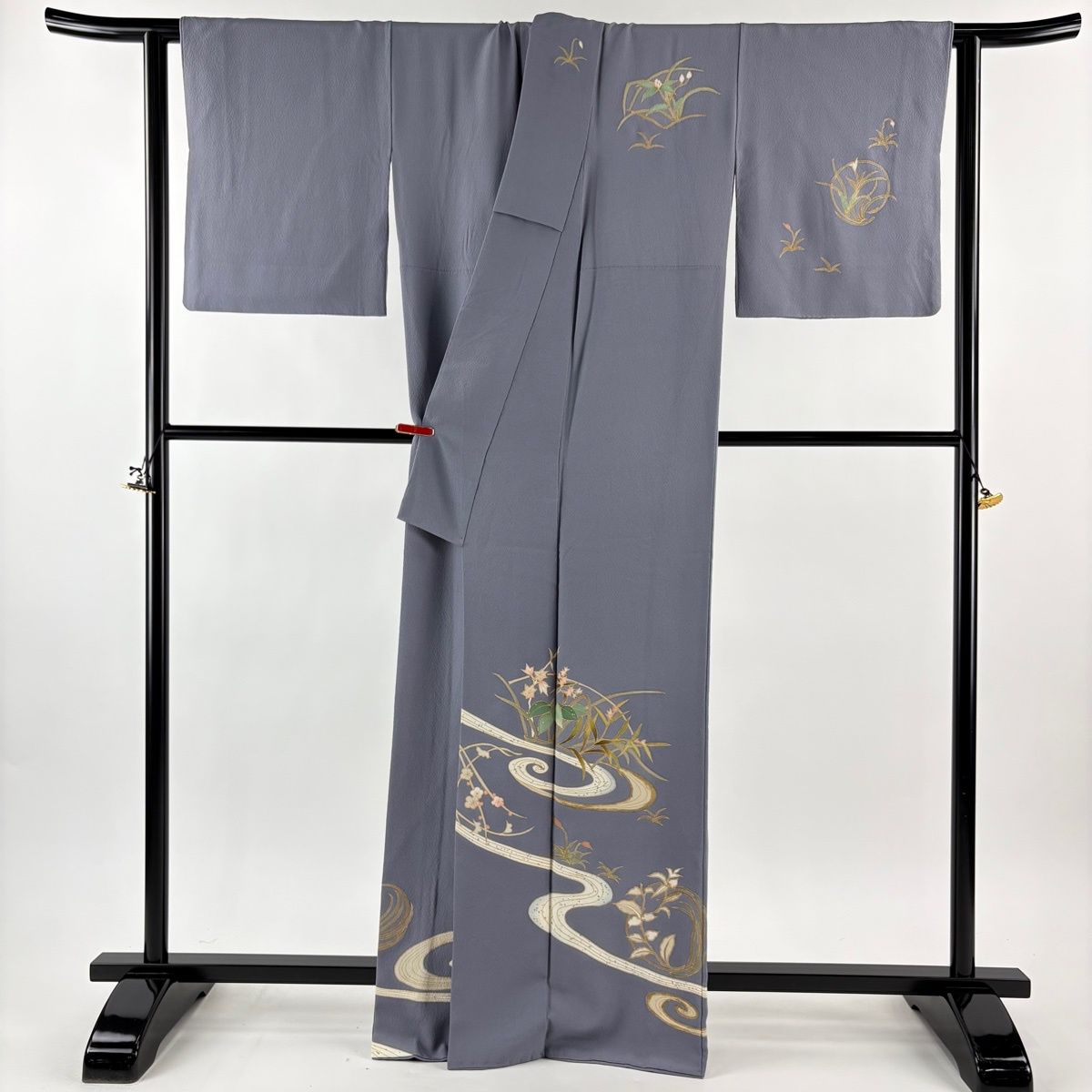 訪問着 身丈165cm 裄丈66cm M 袷 洛楽人 玉虫 落款 草花 流水 金銀彩