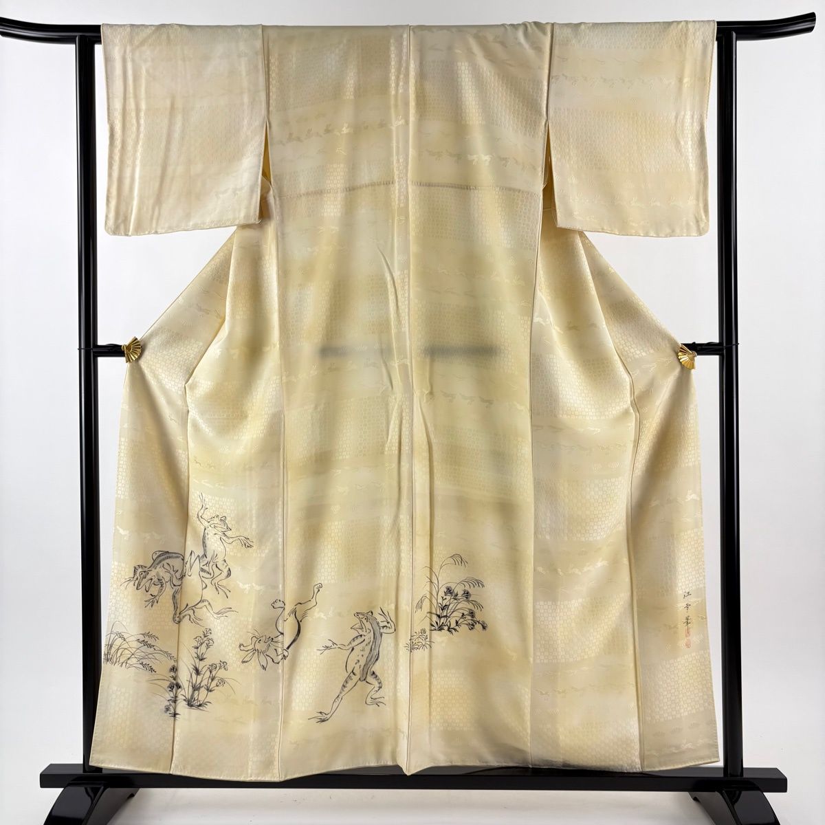 付下げ 身丈157 cm 裄丈63 5 S 袷 江雪 落款 鳥獣戯画 地紋 ベージュ 正絹