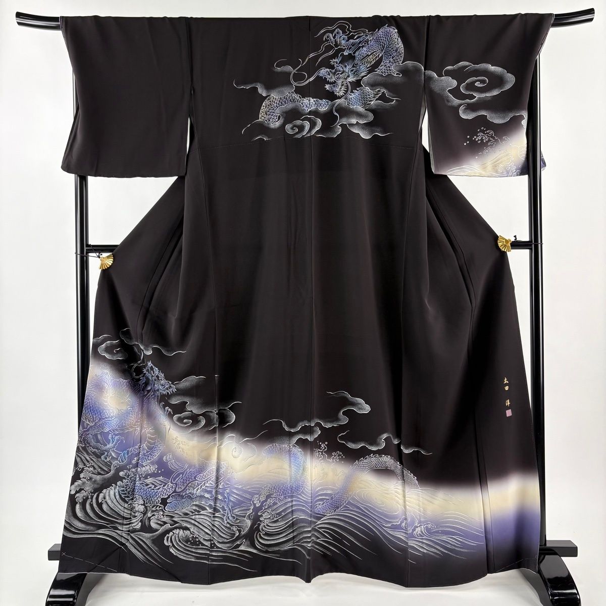 訪問着 身丈165 5 cm 裄丈72 L 袷 太田洋 落款 龍 波 ラメ 銀彩 黒 正絹