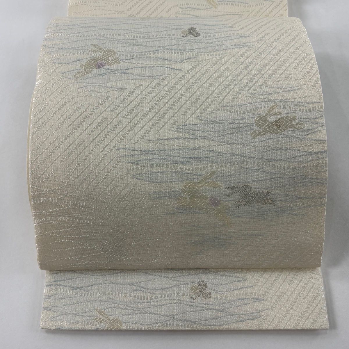 袋帯 上質 染め帯 濃グレー 金銀ラメ糸 手染め 兎 うさぎ 中古 kp979 袋帯 紬 作家物 落款 手染め 正絹 グレー うさぎ 兎 ウサギ 2匹の