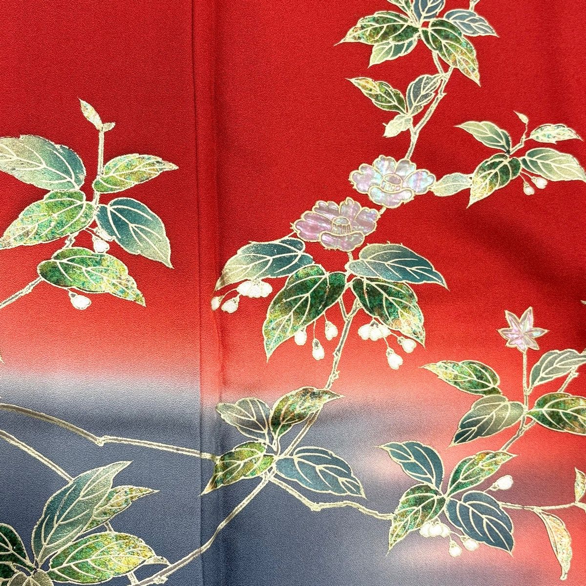  訪問着 身丈168.5 cm 裄丈67 M 袷 椿 笹 螺鈿 金銀彩 赤 正絹 秀品 訪問着 付け下げ 着物
