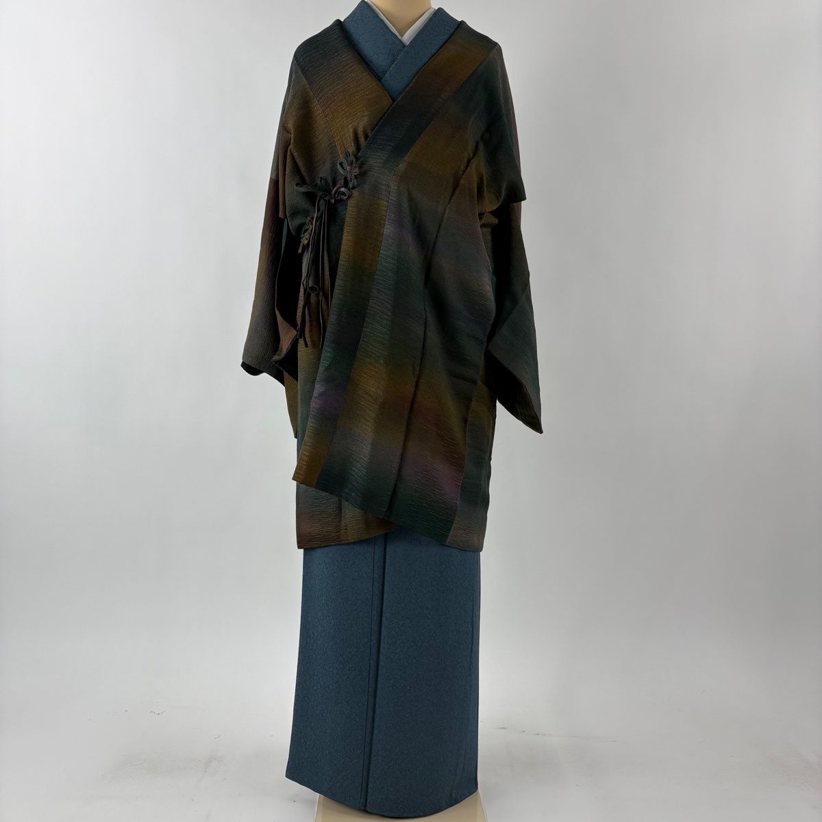 道中着 身丈96.5 cm 裄丈64.5 M 和装コート 地紋 染め分け ぼかし 茶緑色 正絹 秀品