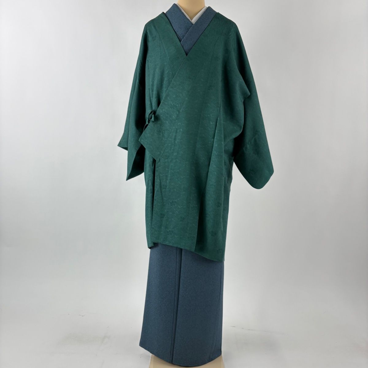 道中着 身丈96 cm 裄丈63 S 和装コート 地紋 葉柄 緑 正絹 秀品