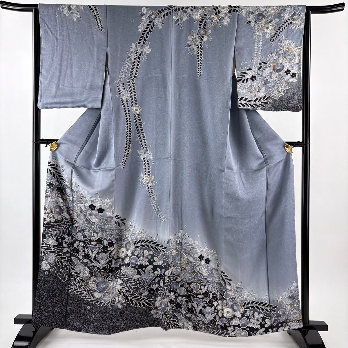 訪問着 身丈161.5 cm 裄丈65 M 袷 辻が花柄 草花 金彩 ぼかし 青灰色 正絹 秀品