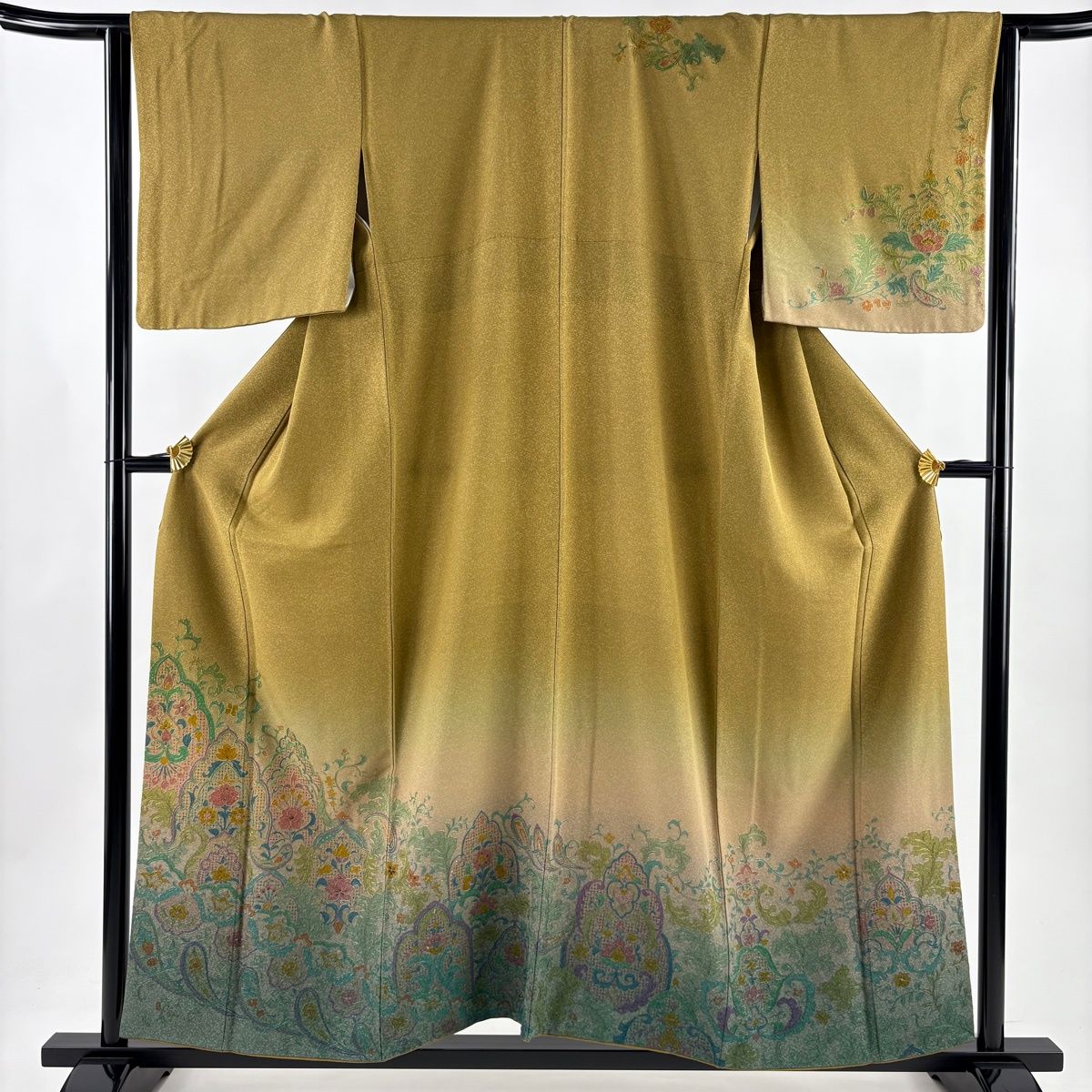 訪問着 身丈156 cm 裄丈64 M 袷 花唐草 草花 金糸 刺繍 茶緑色 正絹 秀品