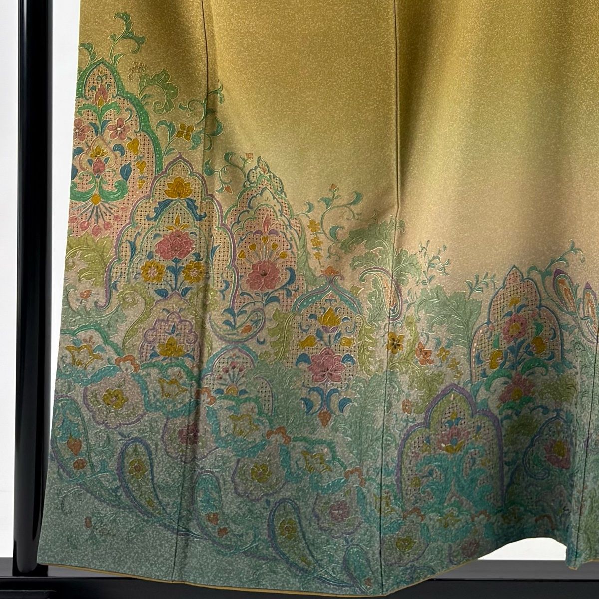 訪問着 身丈156 cm 裄丈64 M 袷 花唐草 草花 金糸 刺繍 茶緑色 正絹 秀品