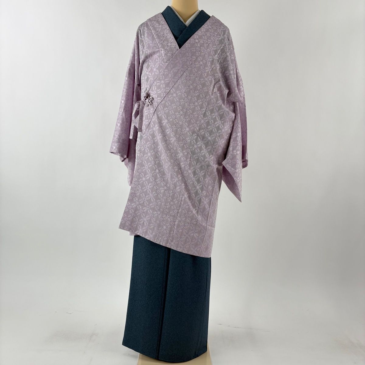 道中着 身丈97 cm 裄丈66.5 M 和装コート 着物衿 花 七宝 薄紫 正絹 秀品