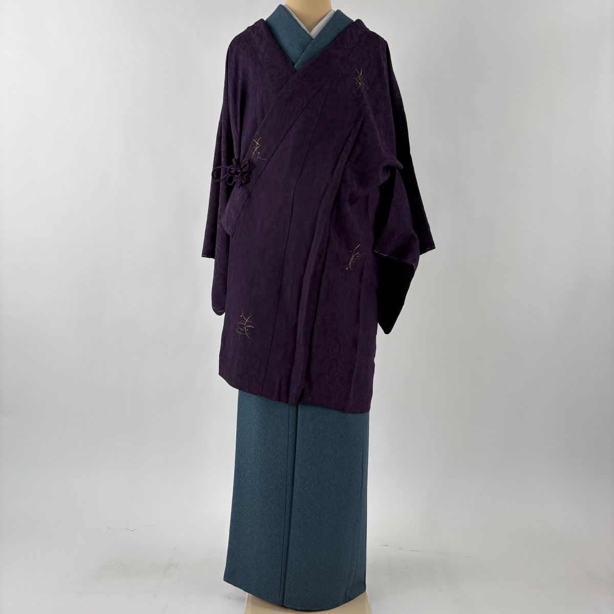 道中着 身丈93 cm 裄丈65 M 和装コート 着物衿 幾何学 金彩 濃紫 正絹 秀品