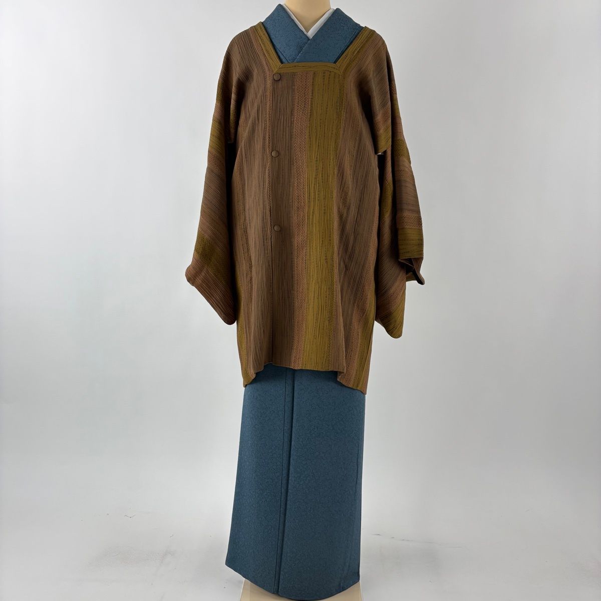 道行 身丈89 cm 裄丈66.5 M 和装コート 角衿 縦縞 地紋 茶色 正絹 秀品