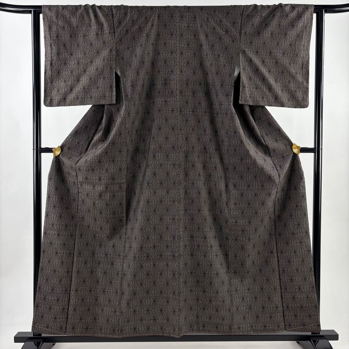紬 身丈157.5 cm 裄丈63 S 袷 麻の葉 焦茶色 正絹 秀品