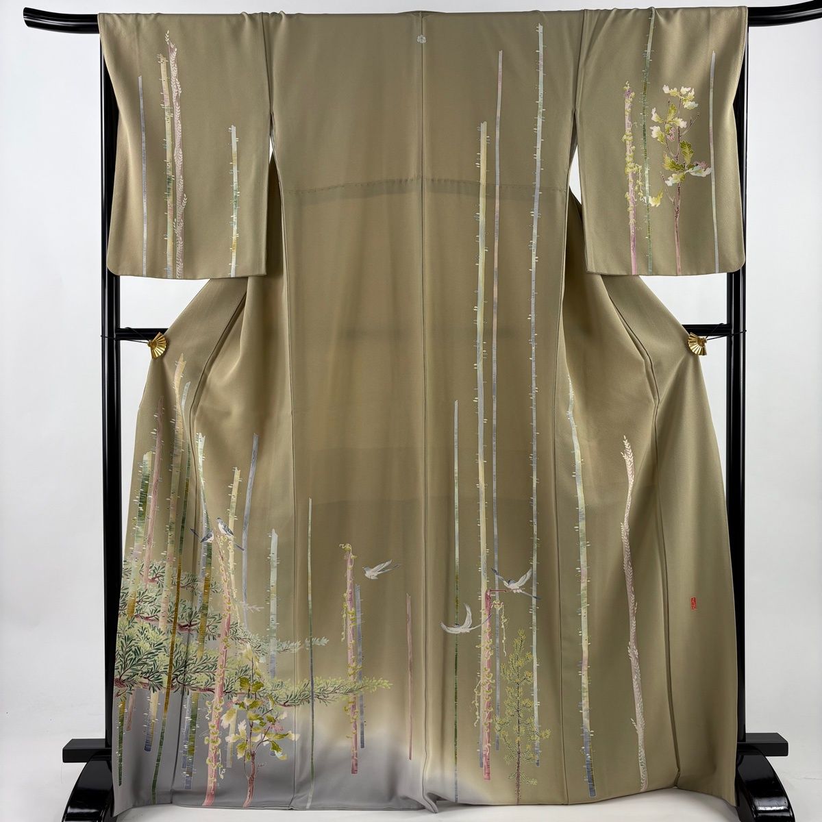 訪問着 身丈170 cm 裄丈67 M 袷 落款 樹木 鳥 ぼかし 薄茶色 正絹 秀品 一つ紋