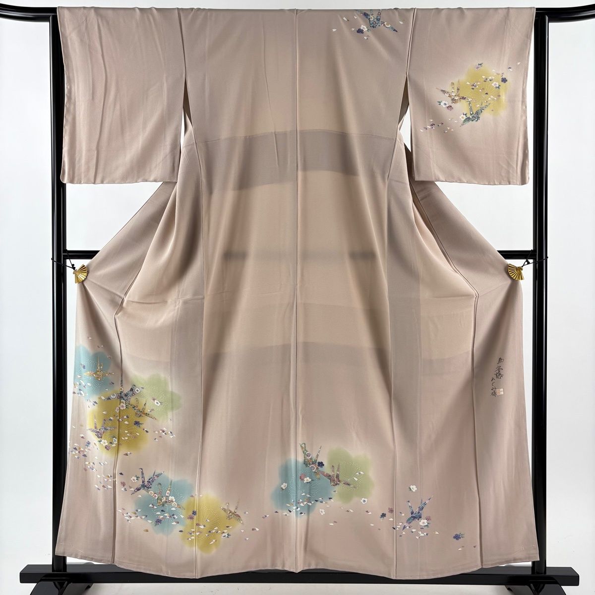 訪問着 身丈157 5 cm 裄丈64 M 袷 落款 梅 折鶴 ぼかし ピンクベージュ 正絹 秀品