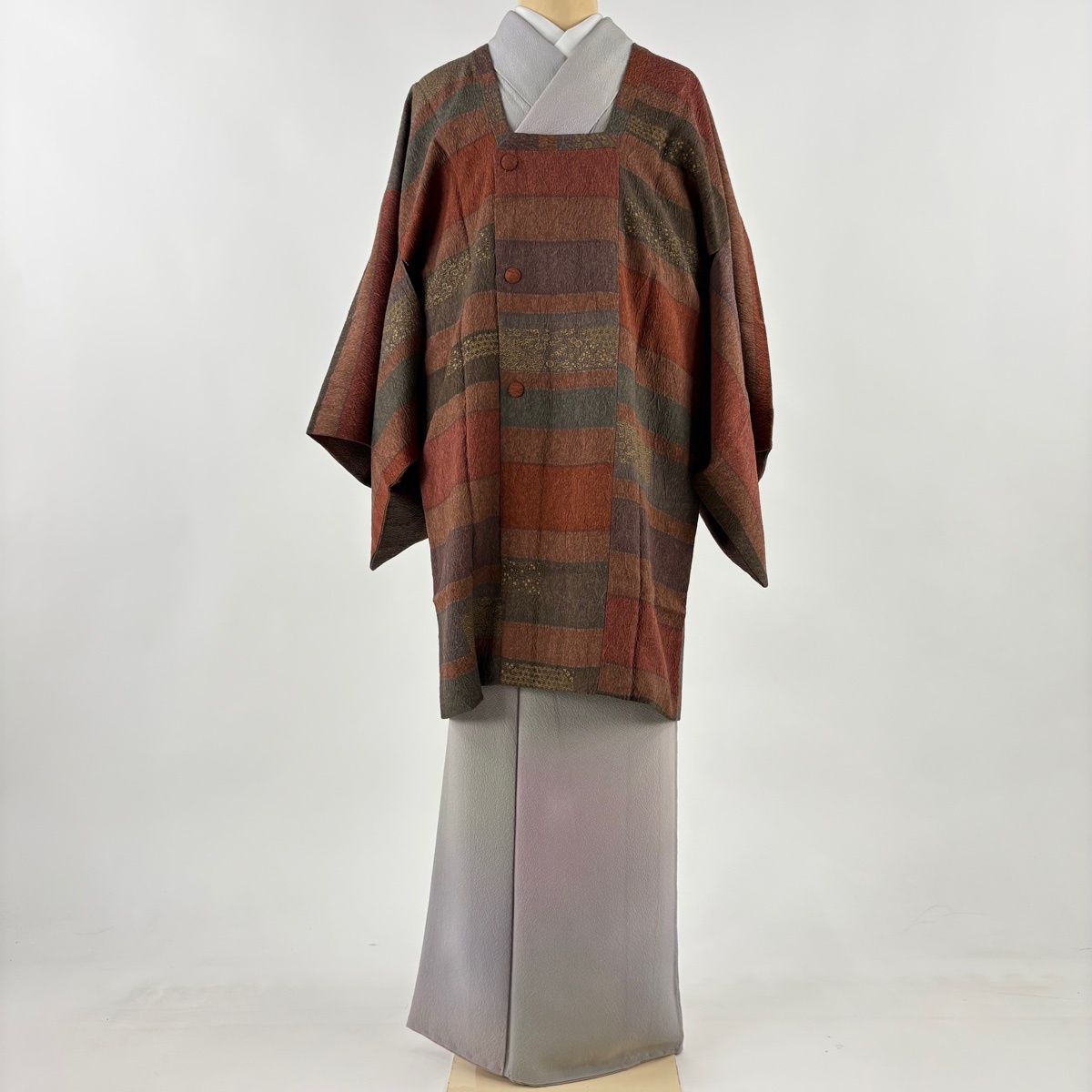 道行 身丈90.5 cm 裄丈66 M 和装コート 角衿 草花 段縞 金彩 赤茶 正絹 秀品