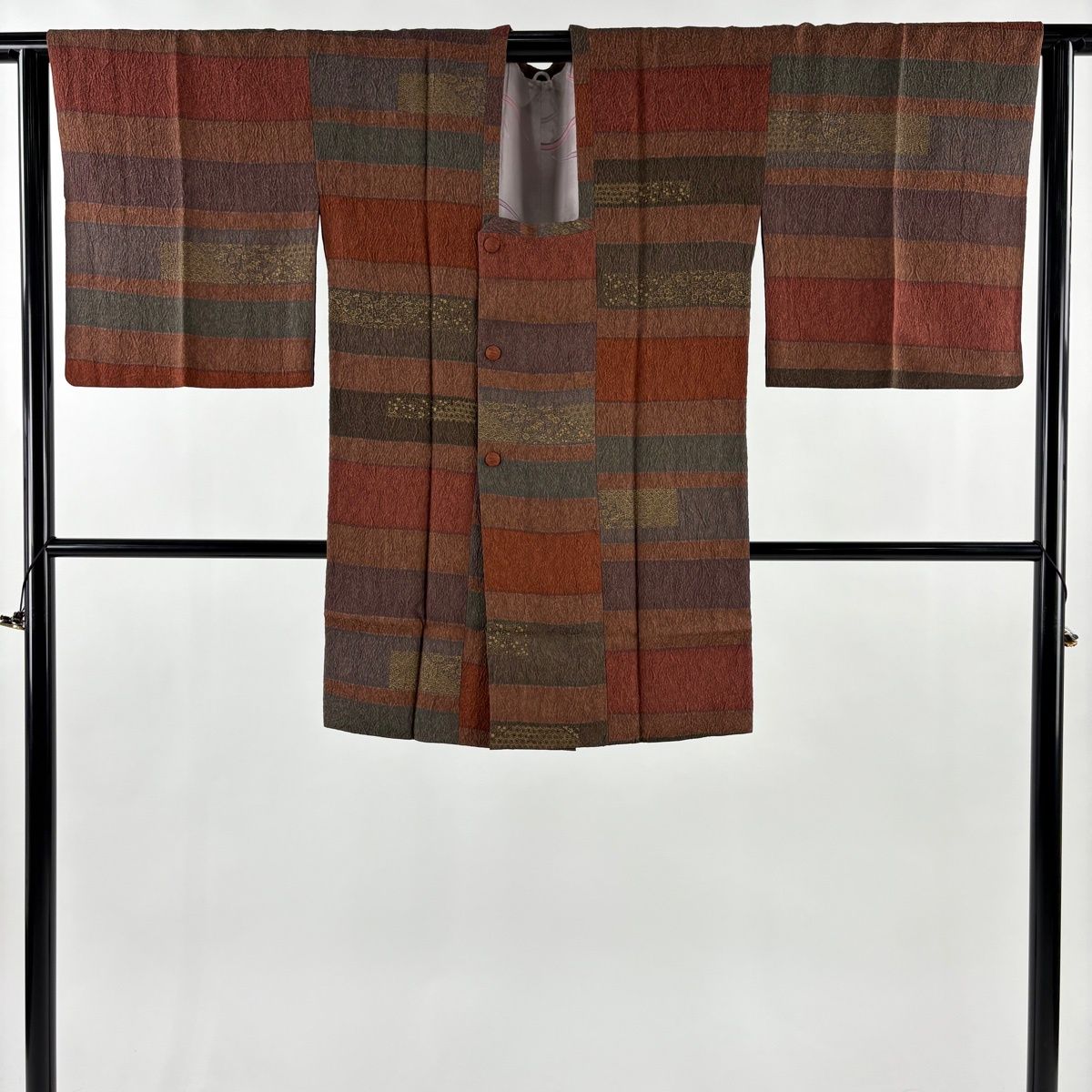  道行 身丈90.5 cm 裄丈66 M 和装コート 角衿 草花 段縞 金彩 赤茶 正絹 秀品 羽織 着物 浴衣