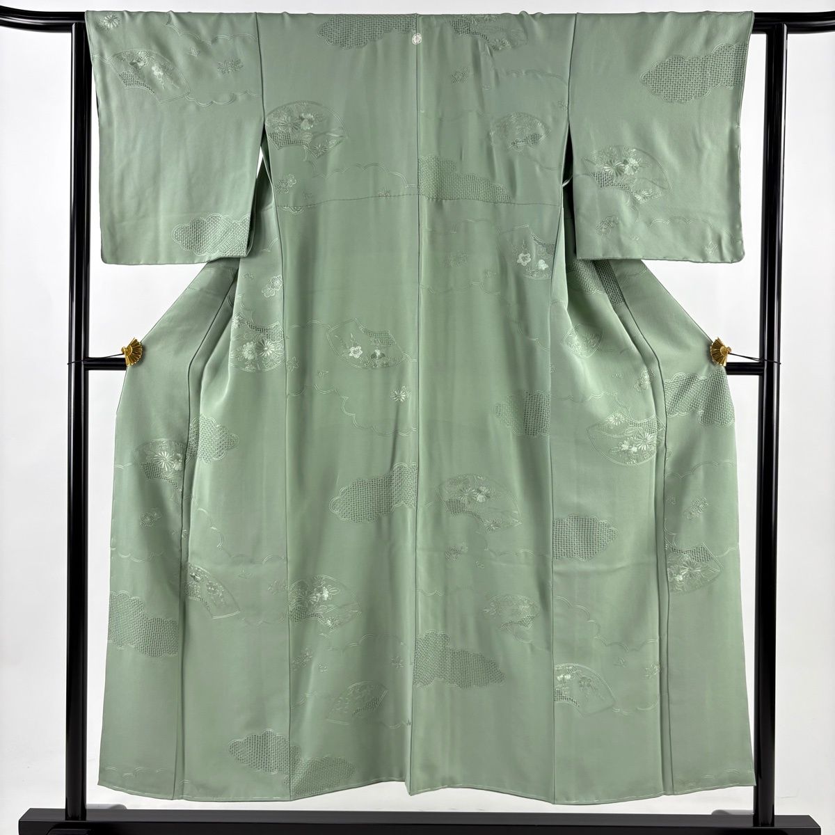 小紋 身丈152 cm 裄丈62 5 S 袷 扇面 雲文 刺繍 灰緑 正絹 秀品 一つ紋
