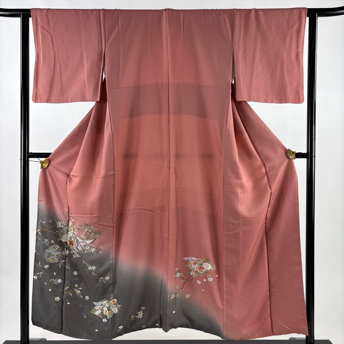 訪問着 身丈153.5 cm 裄丈63 S 袷 扇面 花鳥 刺繍 金糸 ピンク 正絹 秀品