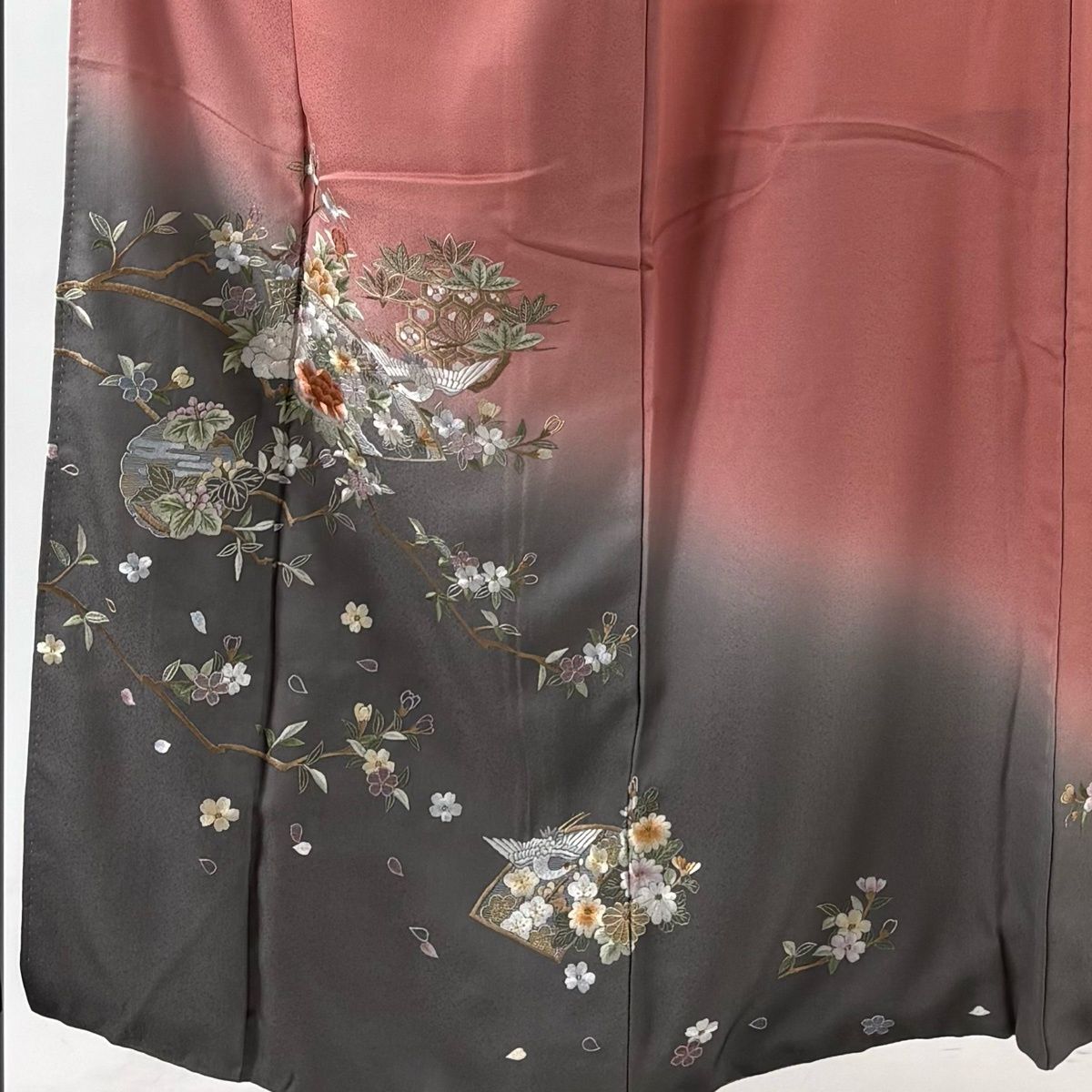 訪問着 身丈153.5 cm 裄丈63 S 袷 扇面 花鳥 刺繍 金糸 ピンク 正絹 秀品