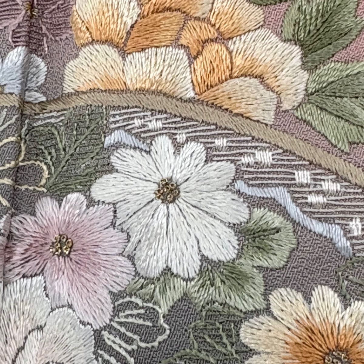  訪問着 身丈153.5 cm 裄丈63 S 袷 扇面 花鳥 刺繍 金糸 ピンク 正絹 秀品 訪問着 付け下げ 着物