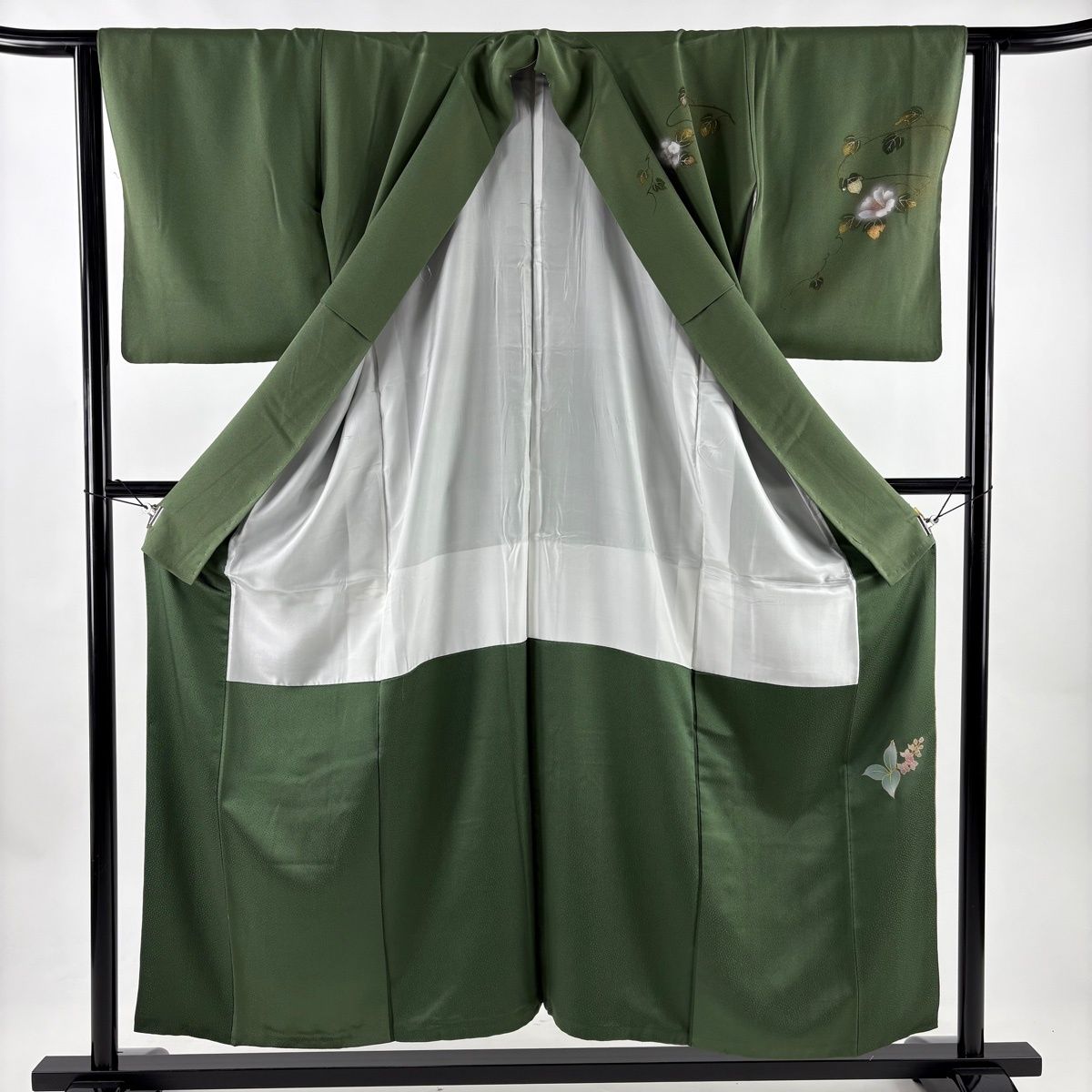  訪問着 身丈154 cm 裄丈63 S 袷 草花 柘榴 金彩 ぼかし よもぎ色 正絹 秀品 訪問着 付け下げ 着物