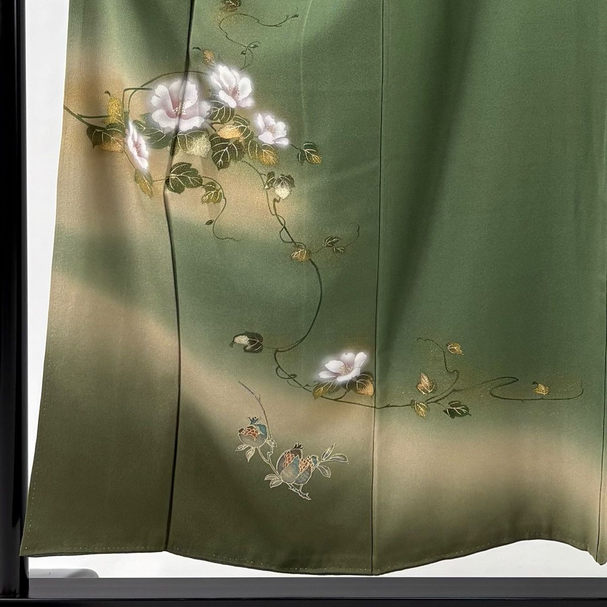 訪問着 身丈154 cm 裄丈63 S 袷 草花 柘榴 金彩 ぼかし よもぎ色 正絹 秀品