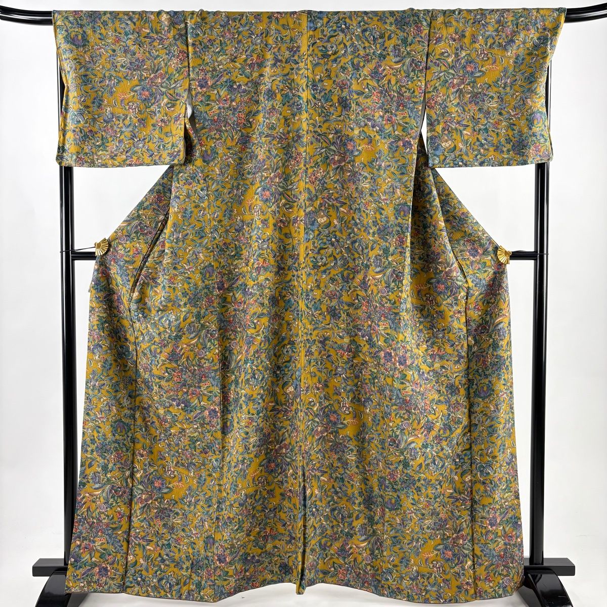 美品】 小紋 身丈163cm 裄丈70cm L 袷 更紗 金彩 山吹茶色 正絹 秀品