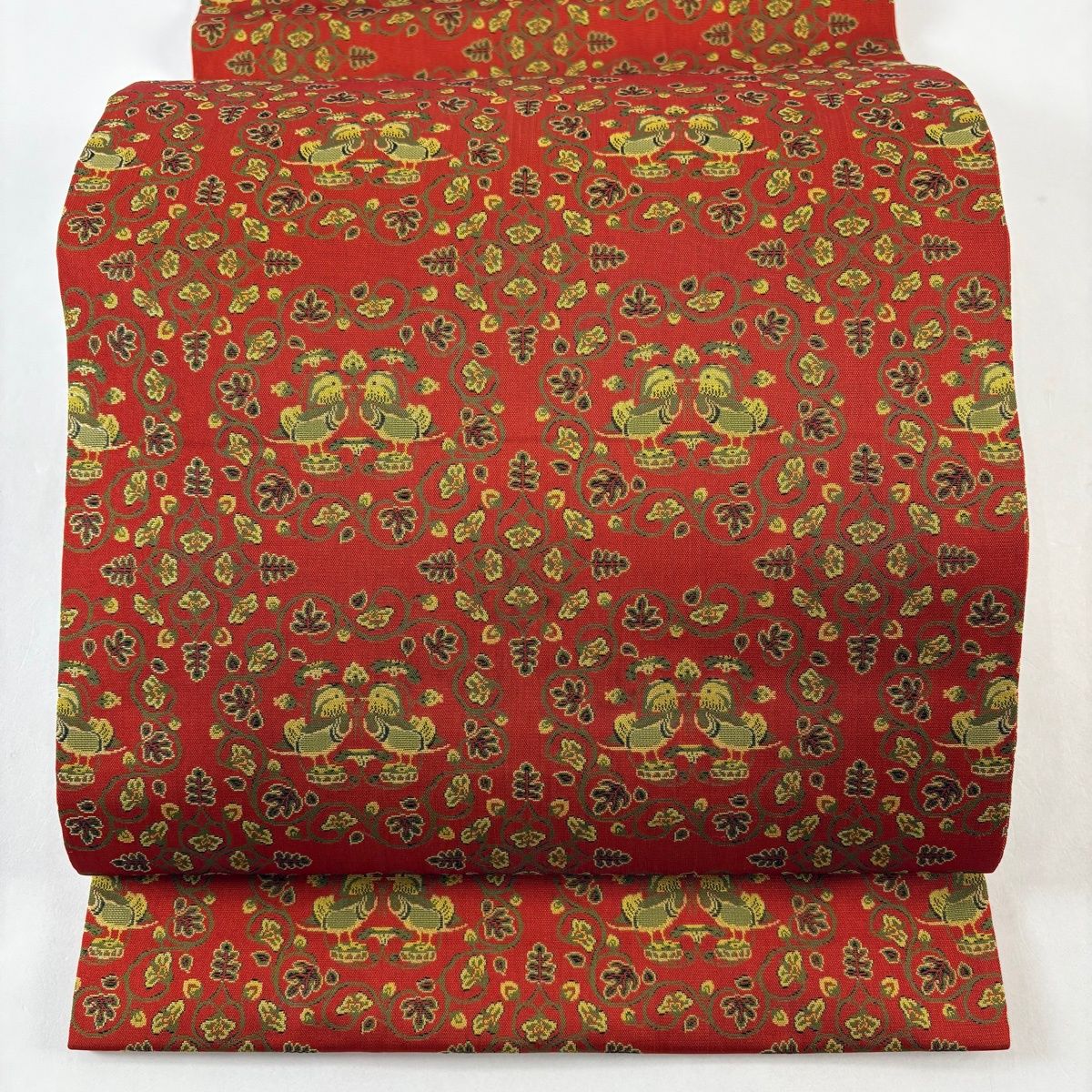 美品】 開き名古屋帯 名品 龍村美術織物 比翼仕立て 鴛鴦唐草文錦 朱色