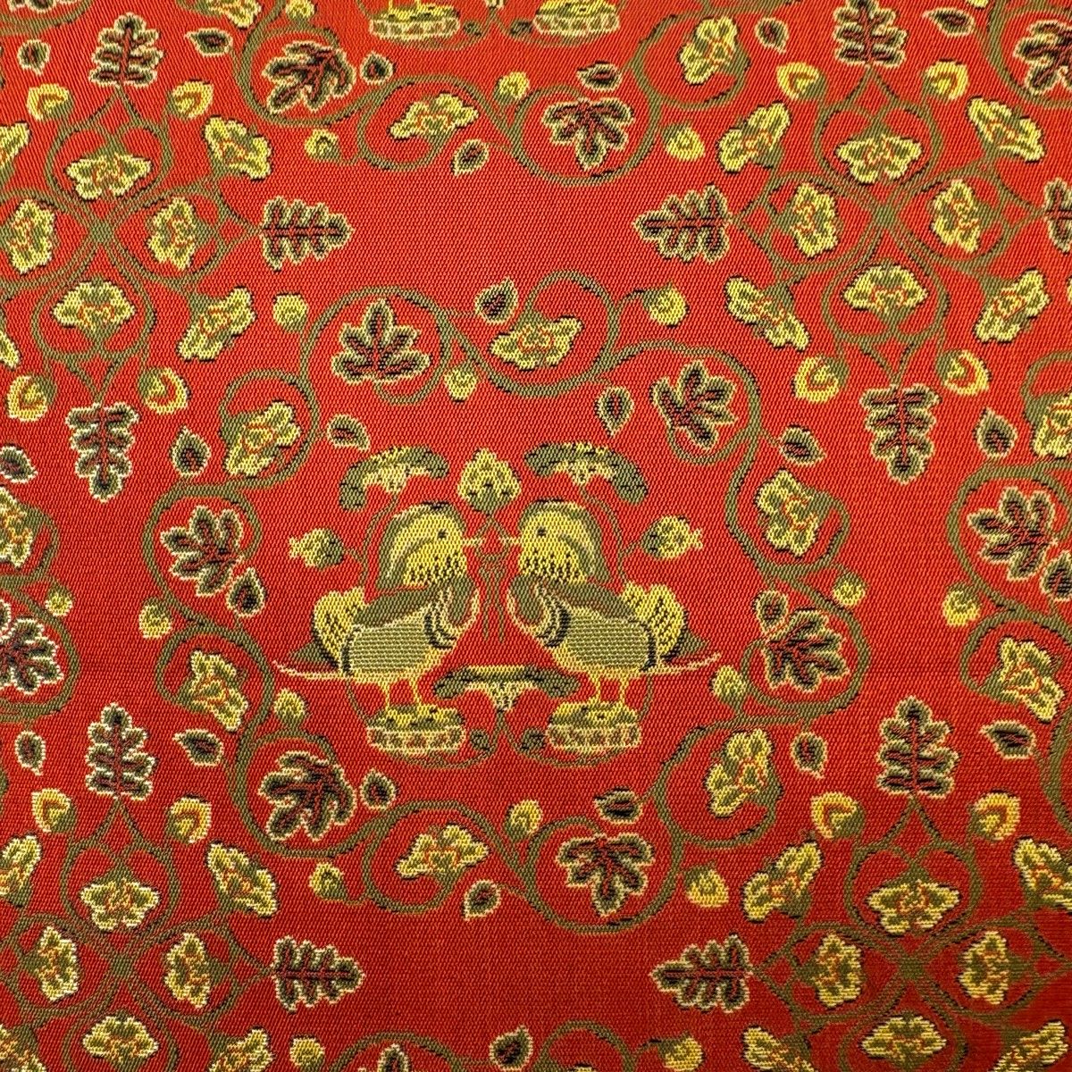 美品】 開き名古屋帯 名品 龍村美術織物 比翼仕立て 鴛鴦唐草文錦 朱色