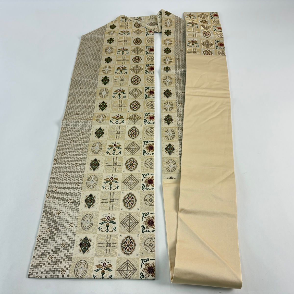  名古屋帯 市松 草花 金糸 ベージュ 正絹 名古屋帯 帯