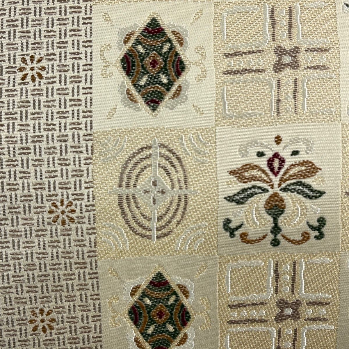 名古屋帯 市松 草花 金糸 ベージュ 正絹