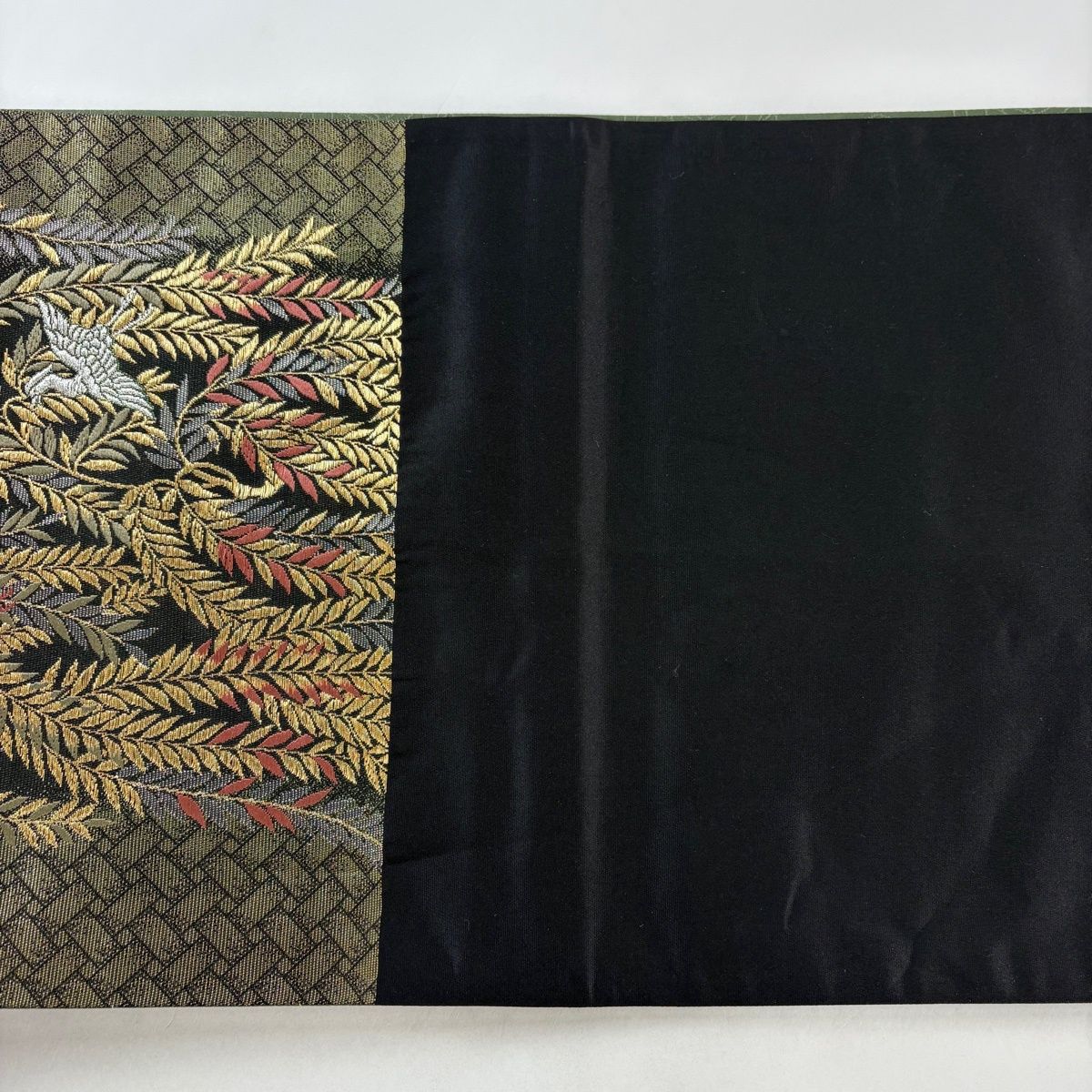 袋帯 名品 草野一騎 落款 柳 鳥 金銀糸 箔 金色 六通 正絹 【中古