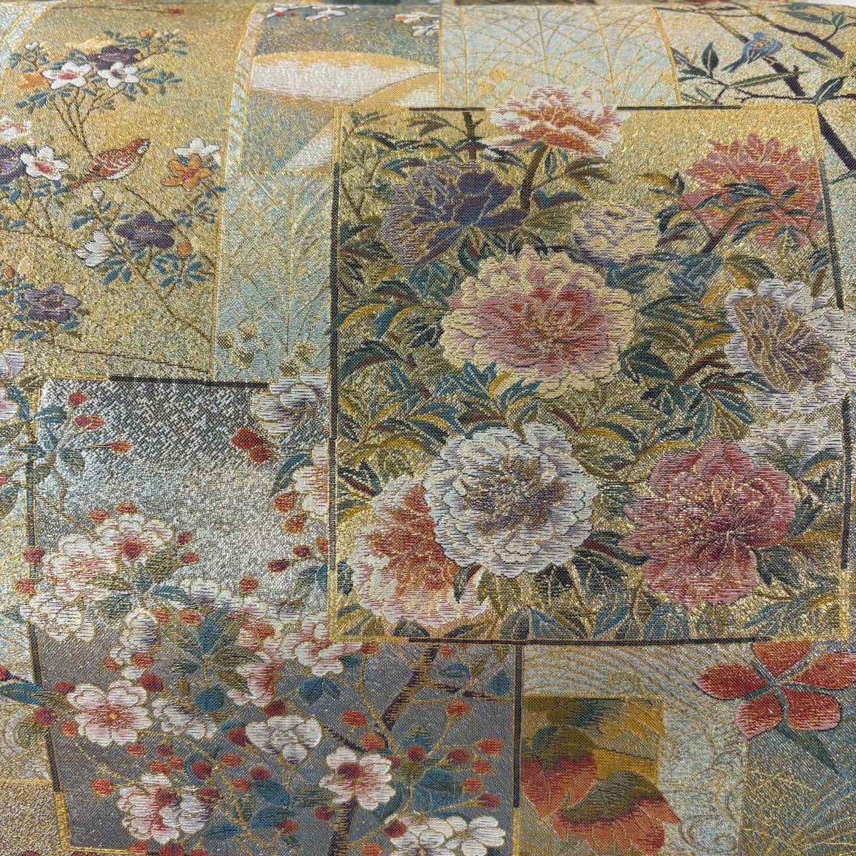 丸帯 近代花鳥画 短冊 色紙 金糸 箔 金色 お太鼓柄 正絹