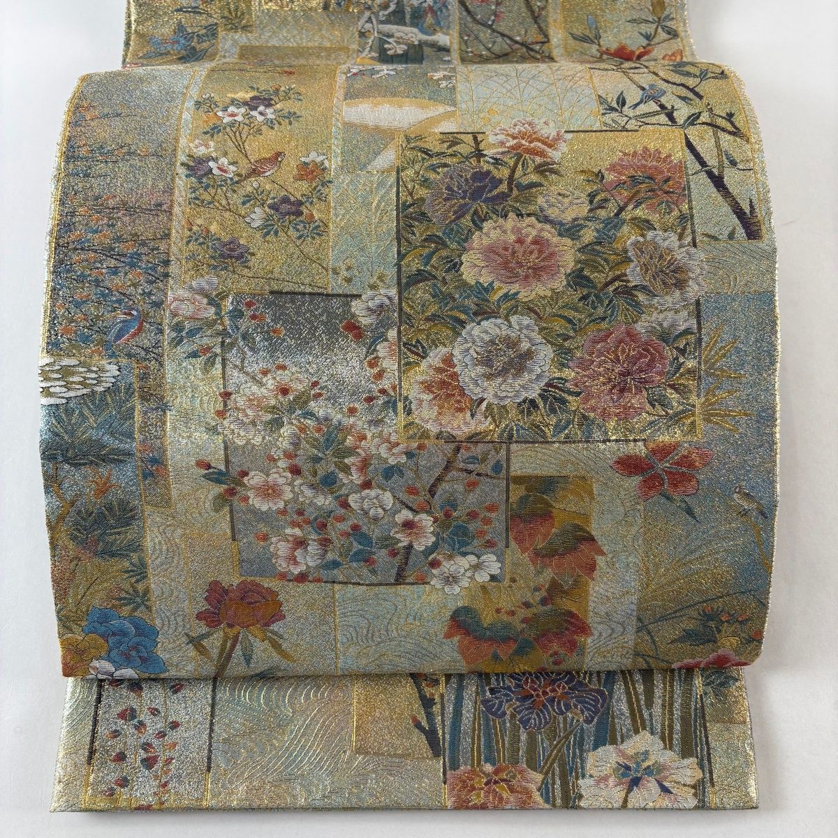 丸帯 近代花鳥画 短冊 色紙 金糸 箔 金色 お太鼓柄 正絹