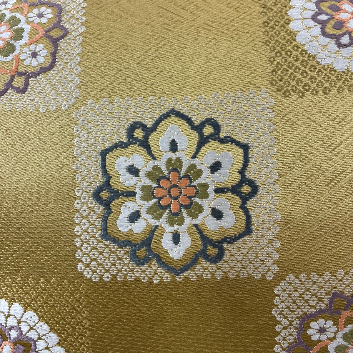 開き名古屋帯 変わり市松 華文 唐織 茶緑色 正絹