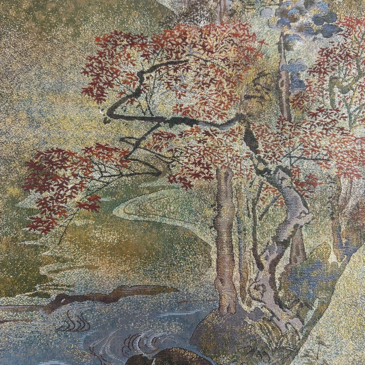 丸帯 風景 樹木 箔 灰緑 お太鼓柄 正絹