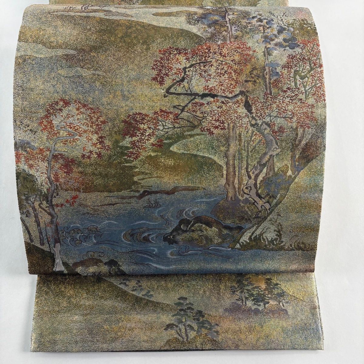 丸帯 風景 樹木 箔 灰緑 お太鼓柄 正絹