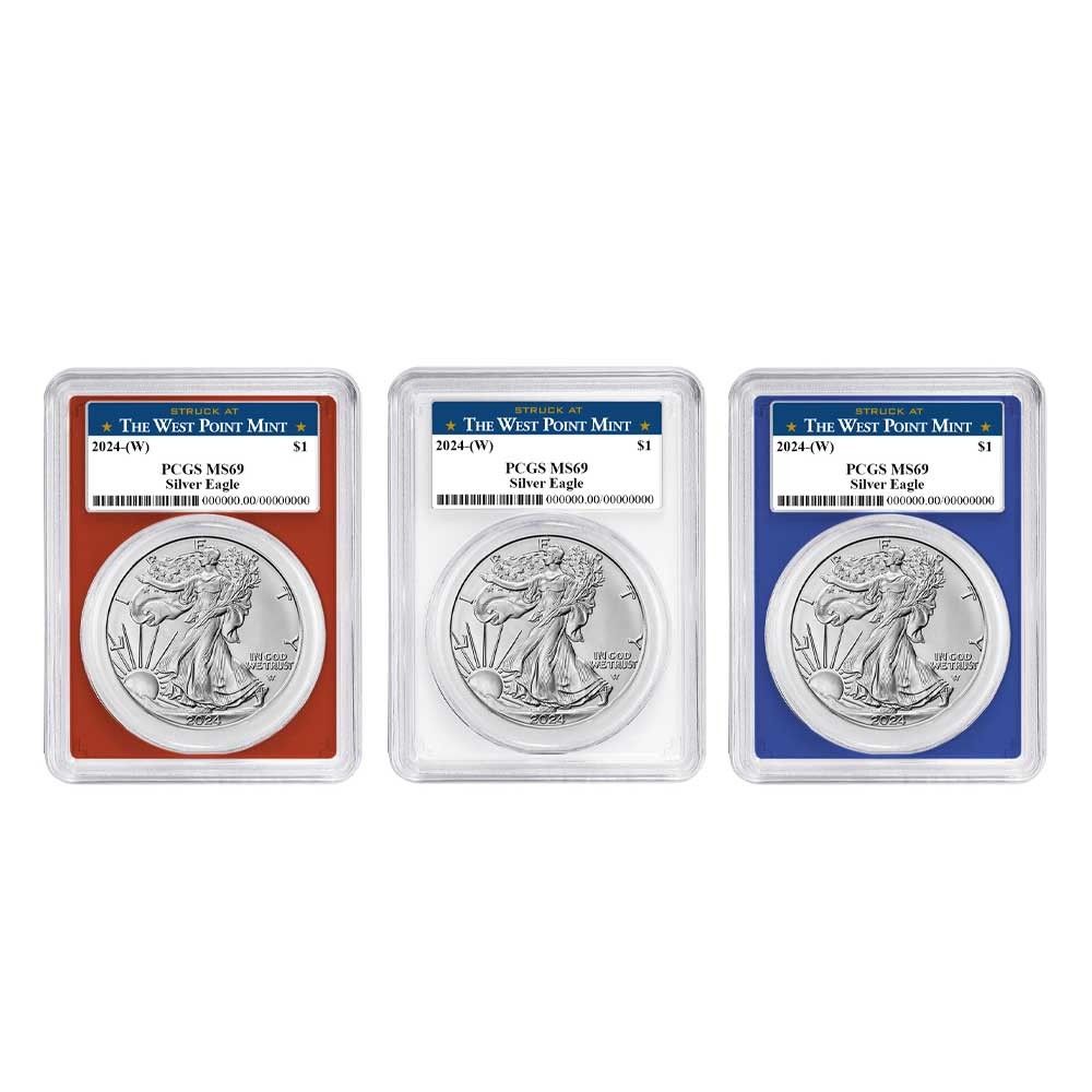 2025 W 1 American Silver Eagle 3 pc Set PCGS MS 69 West Point Label Red White