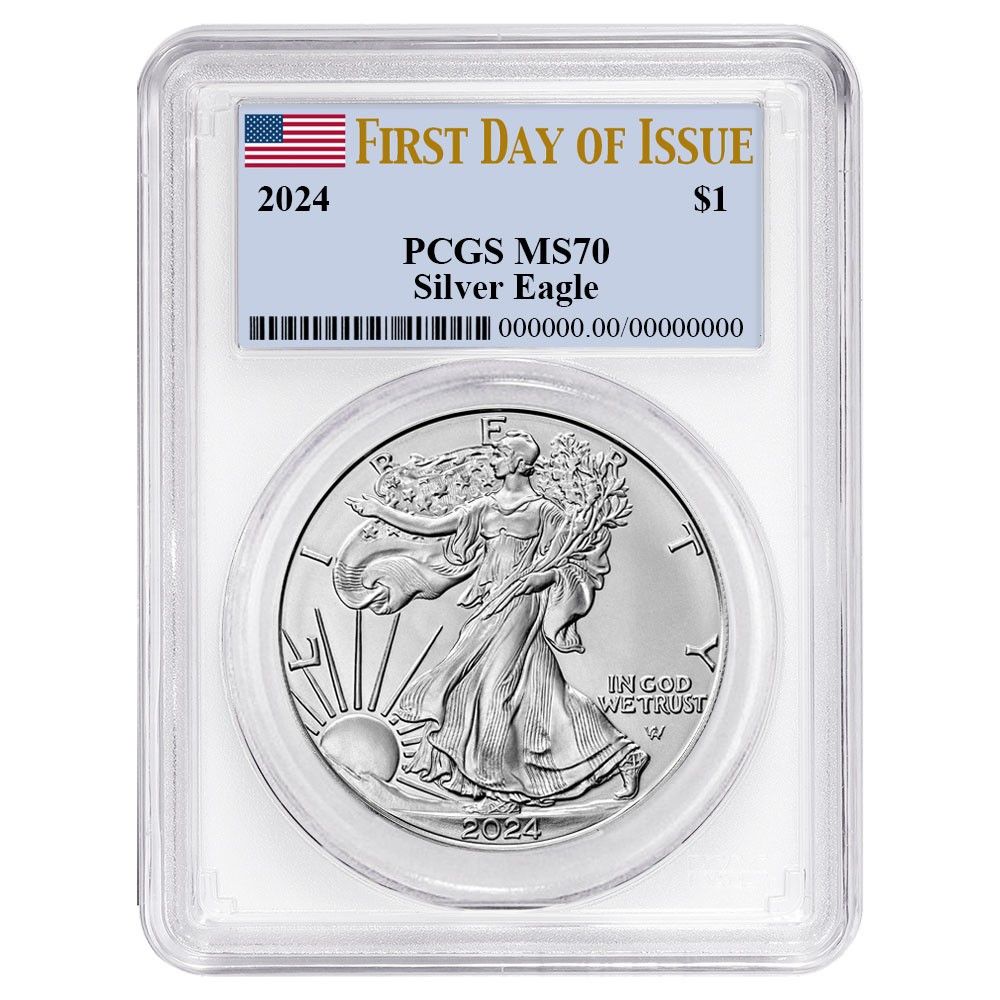 2025 1 American Silver Eagle PCGS MS 70 FDOI Flag Label White Frame